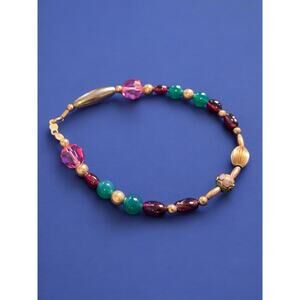 Beaded Bracelet Agate Garnet 14K Gold Filled 7.5 Inch Spring Clasp